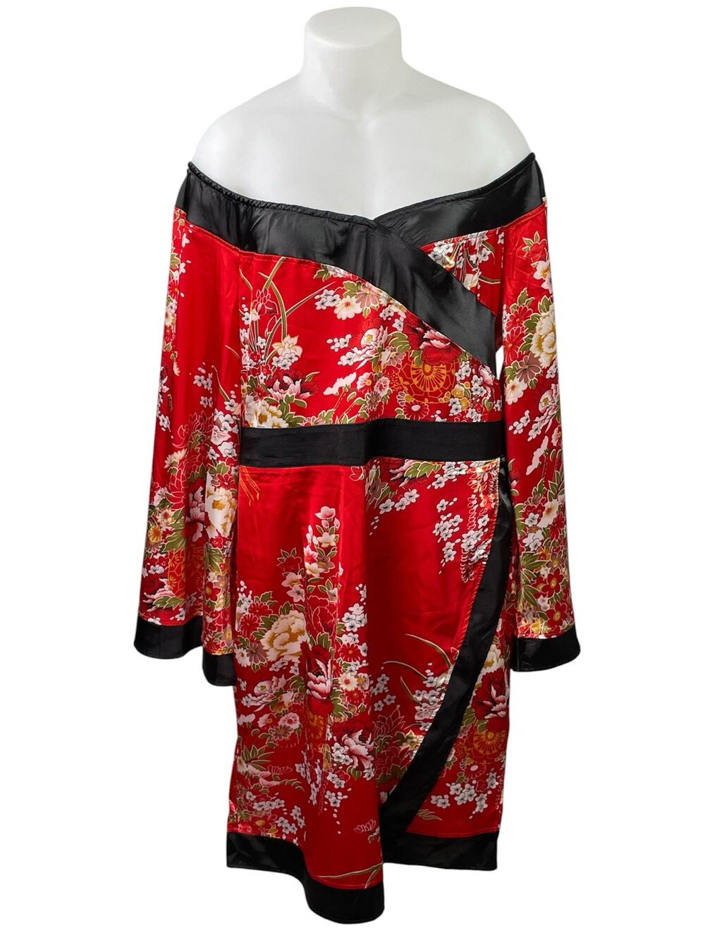 PrettyLittleThing Red Off Shoulder Floral Satin Long Sleeve Mini Kimono Dress 1X